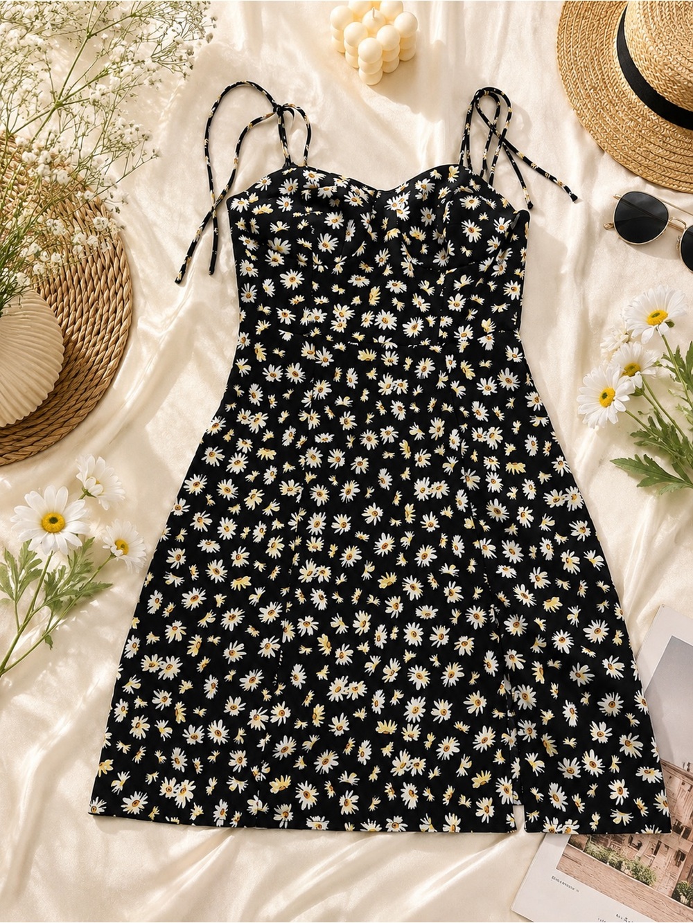 Daisy Print Tie-Strap Sundress - Black